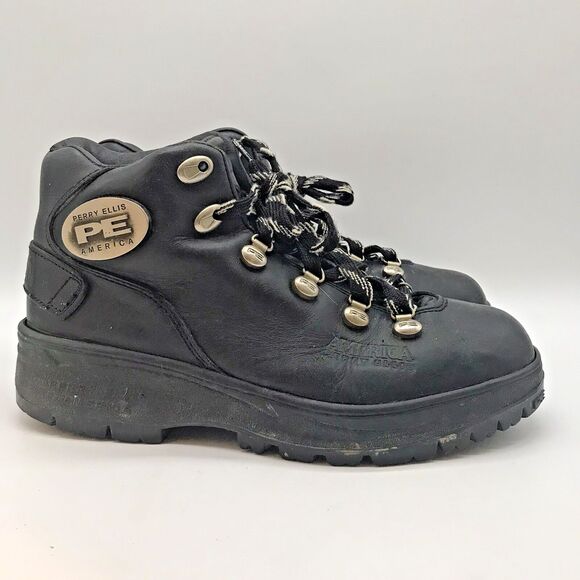 Perry Ellis America Buckle Up Hiking Boots Men's 10 Black Leather Lace Up Shoes - Picture 1 of 14